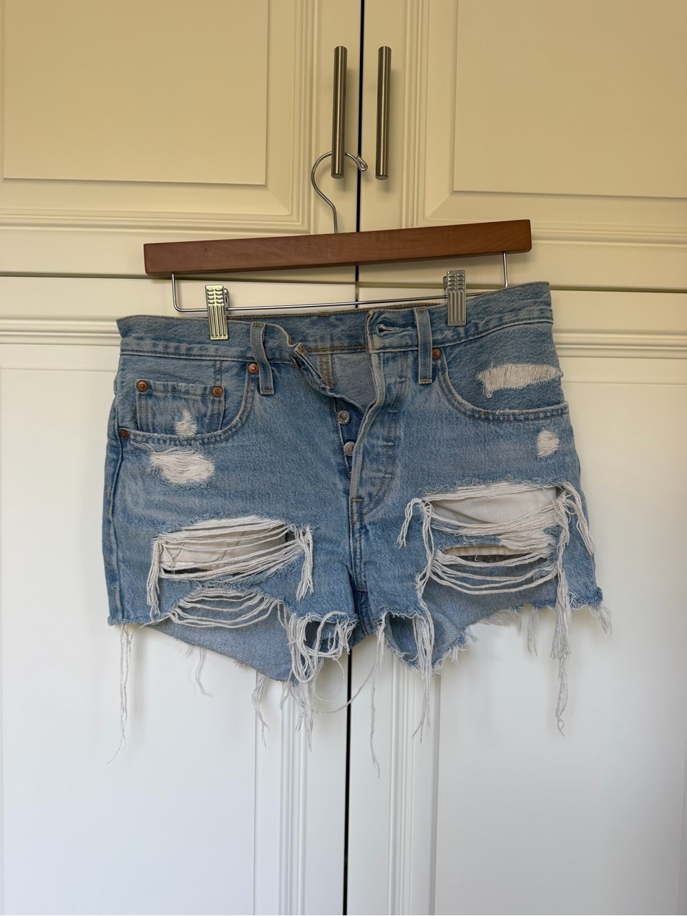 Levi's Distressed Light Blue Ripped Denim Shorts